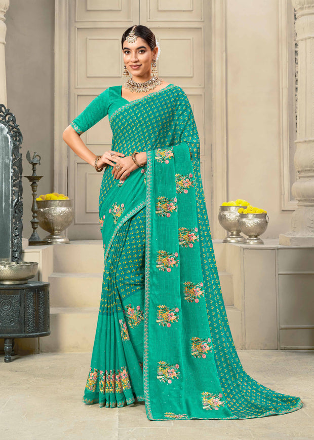 Laxmipati Krack Jack Embroidered Chiffon Saree in Teal Blue Color