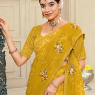 Laxmipati Krack Jack Embroidered Chiffon Saree in Ochre Yellow Color