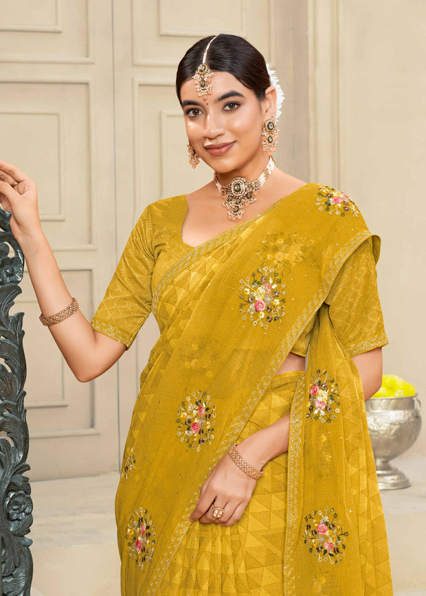 Laxmipati Krack Jack Embroidered Chiffon Saree in Ochre Yellow Color
