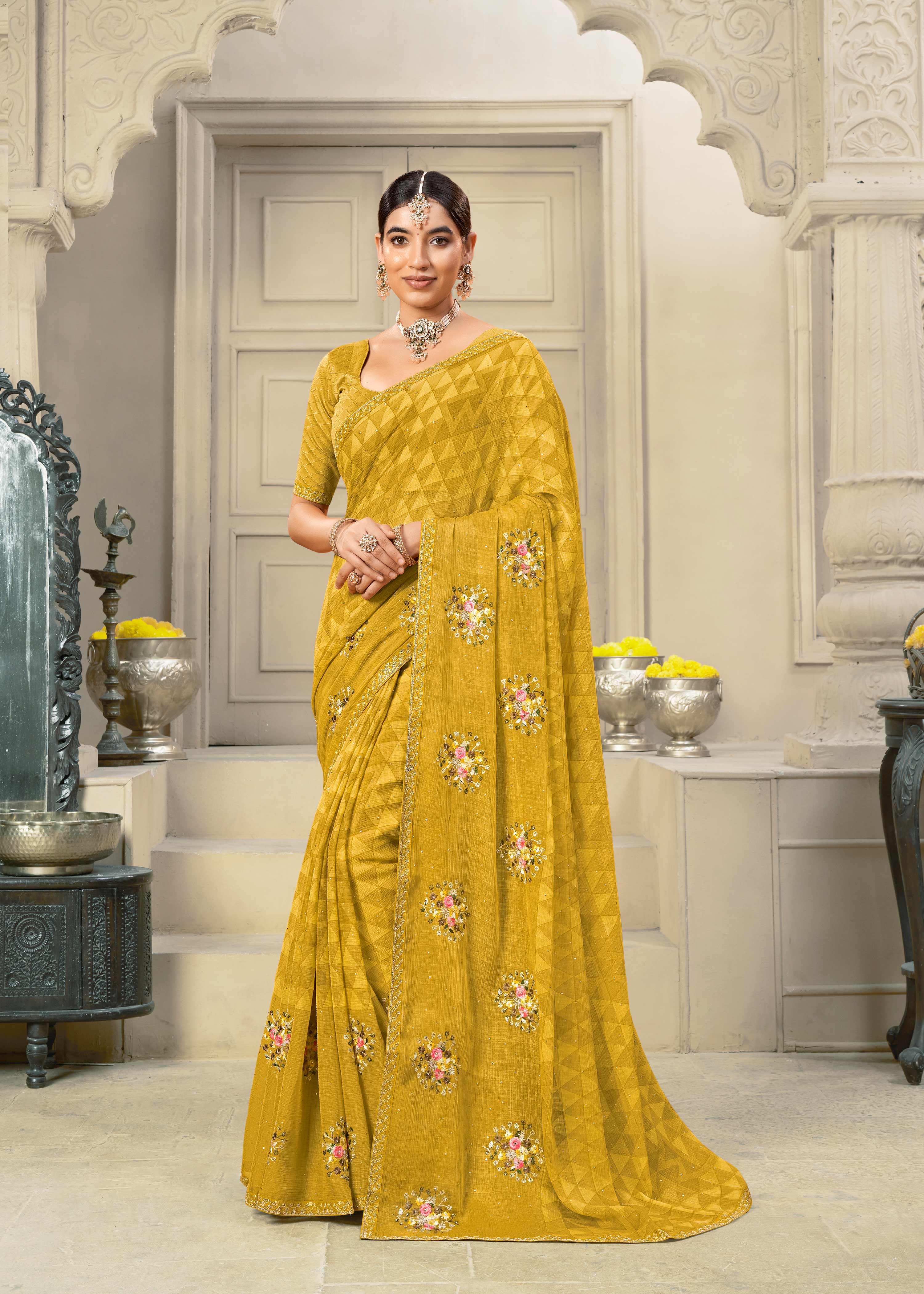 Laxmipati Krack Jack Embroidered Chiffon Saree in Ochre Yellow Color