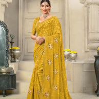 Laxmipati Krack Jack Embroidered Chiffon Saree in Ochre Yellow Color