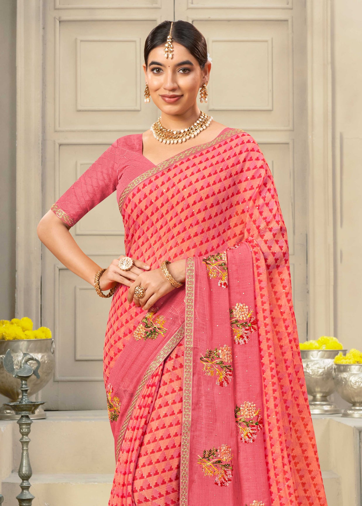 Laxmipati Krack Jack Embroidered Chiffon Saree in Pink Color