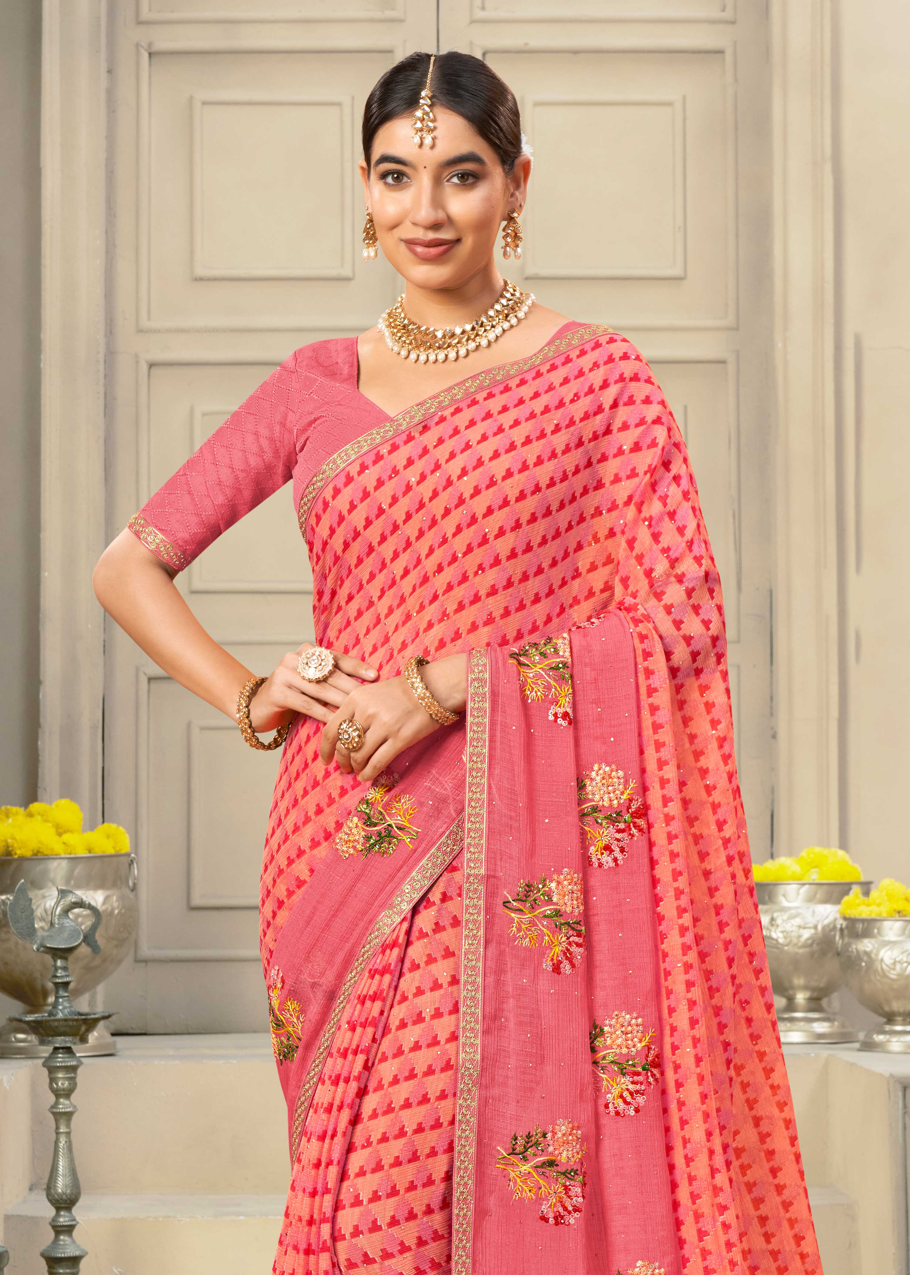 Laxmipati Krack Jack Embroidered Chiffon Saree in Pink Color