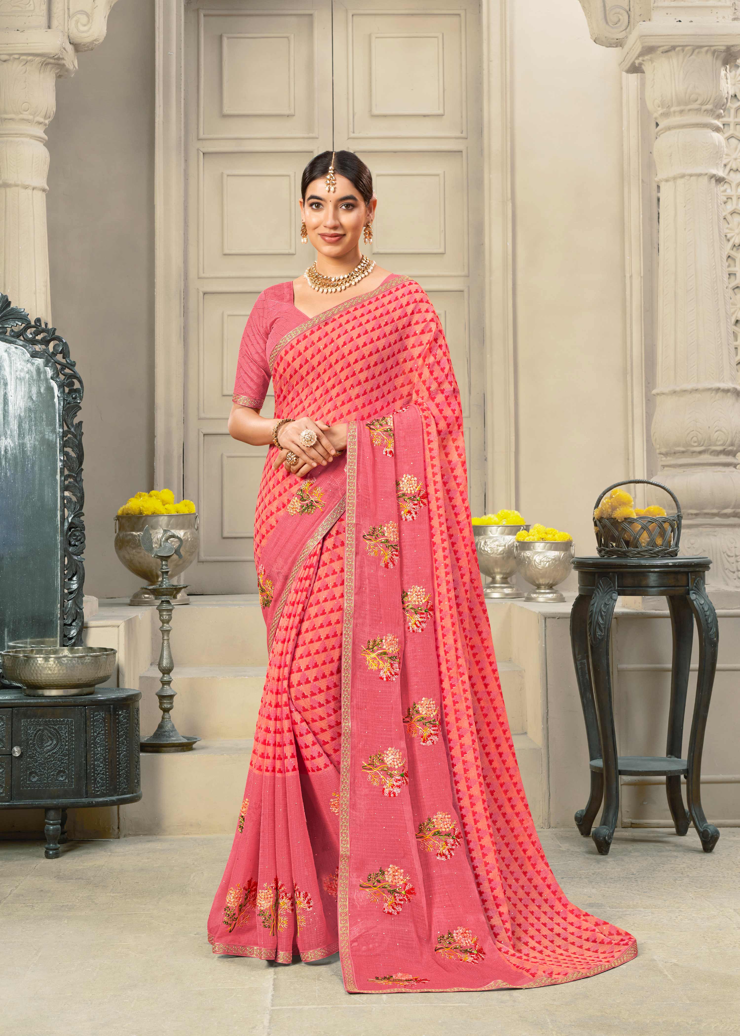 Laxmipati Krack Jack Embroidered Chiffon Saree in Pink Color