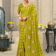 Laxmipati Krack Jack Embroidered Chiffon Saree in Green Color