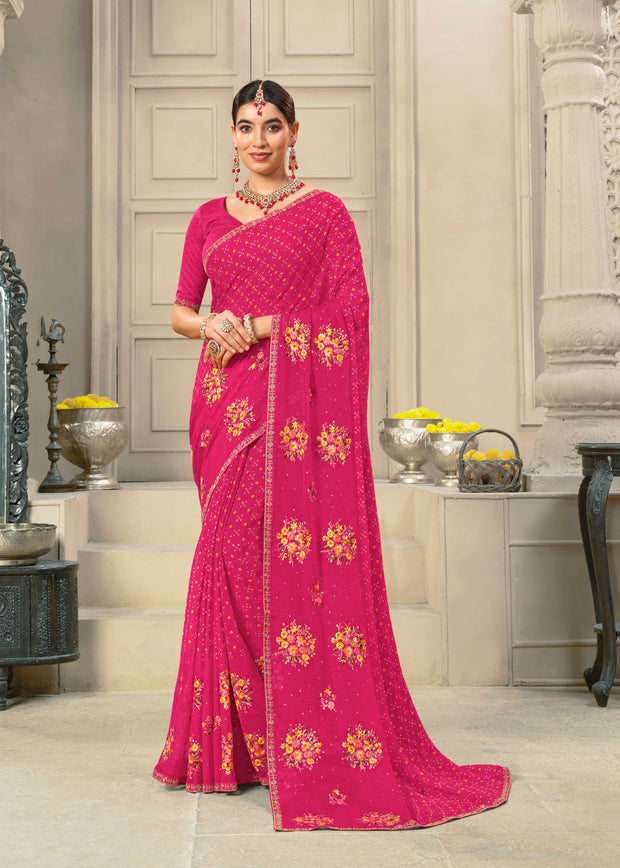 Laxmipati Krack Jack Embroidered Chiffon Saree in Pink Color