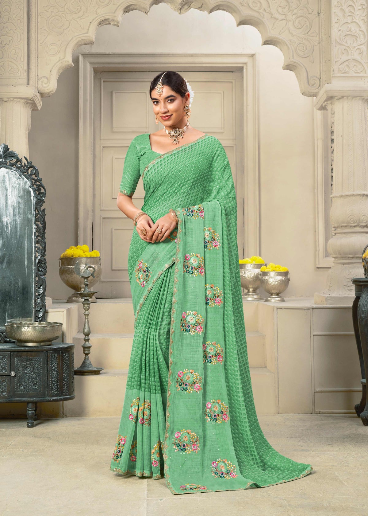 Laxmipati Krack Jack Embroidered Chiffon Saree in Green Color