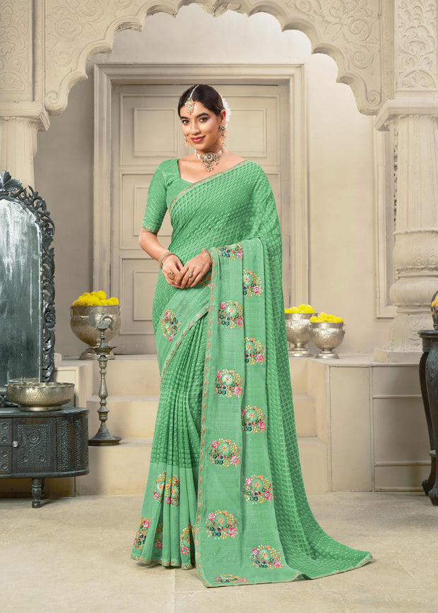 Laxmipati Krack Jack Embroidered Chiffon Saree in Green Color