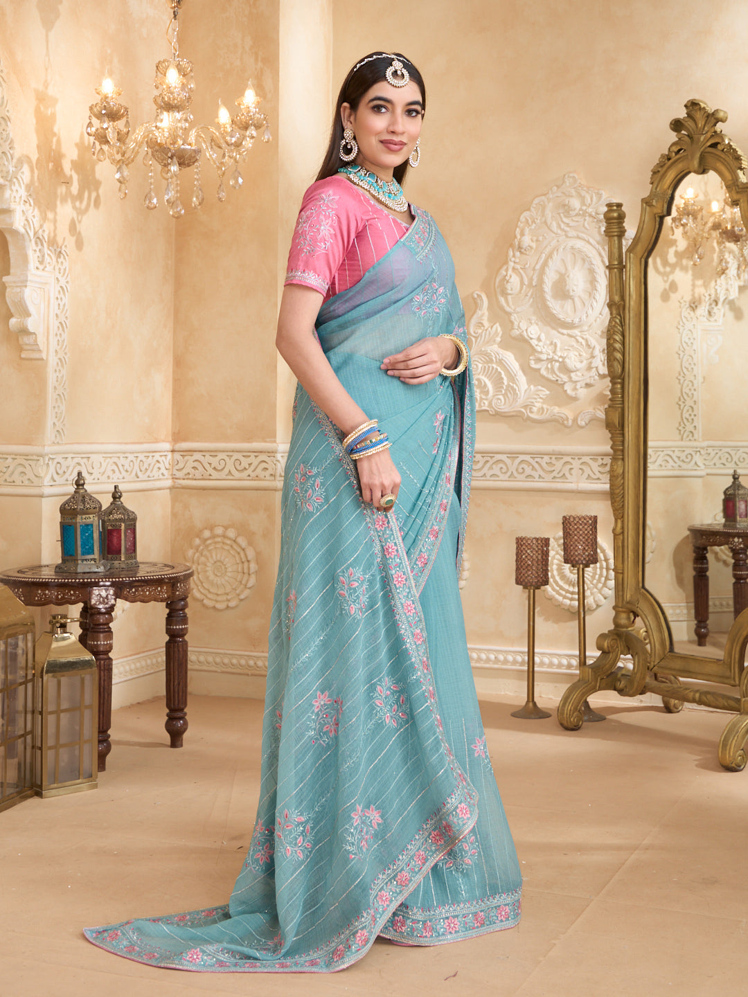 Floral embroidered chiffon saree work detail