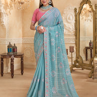 Blue chiffon saree with floral embroidery