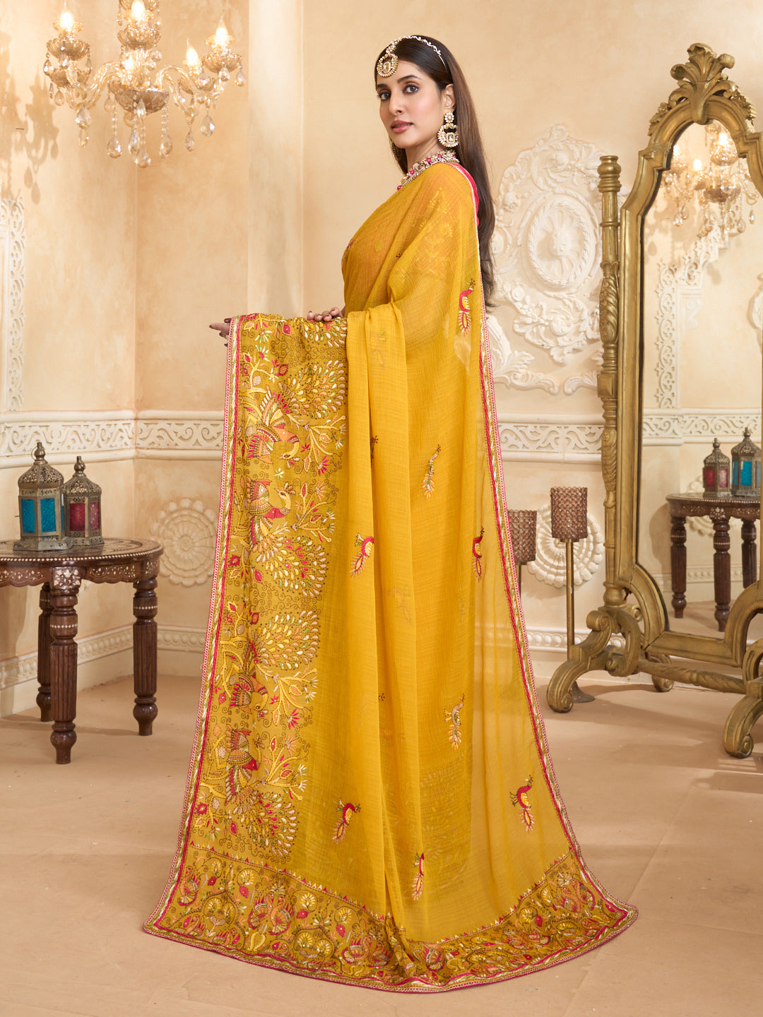 Mustard saree with pink silk blouse