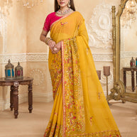 Mustard chiffon saree with embroidery