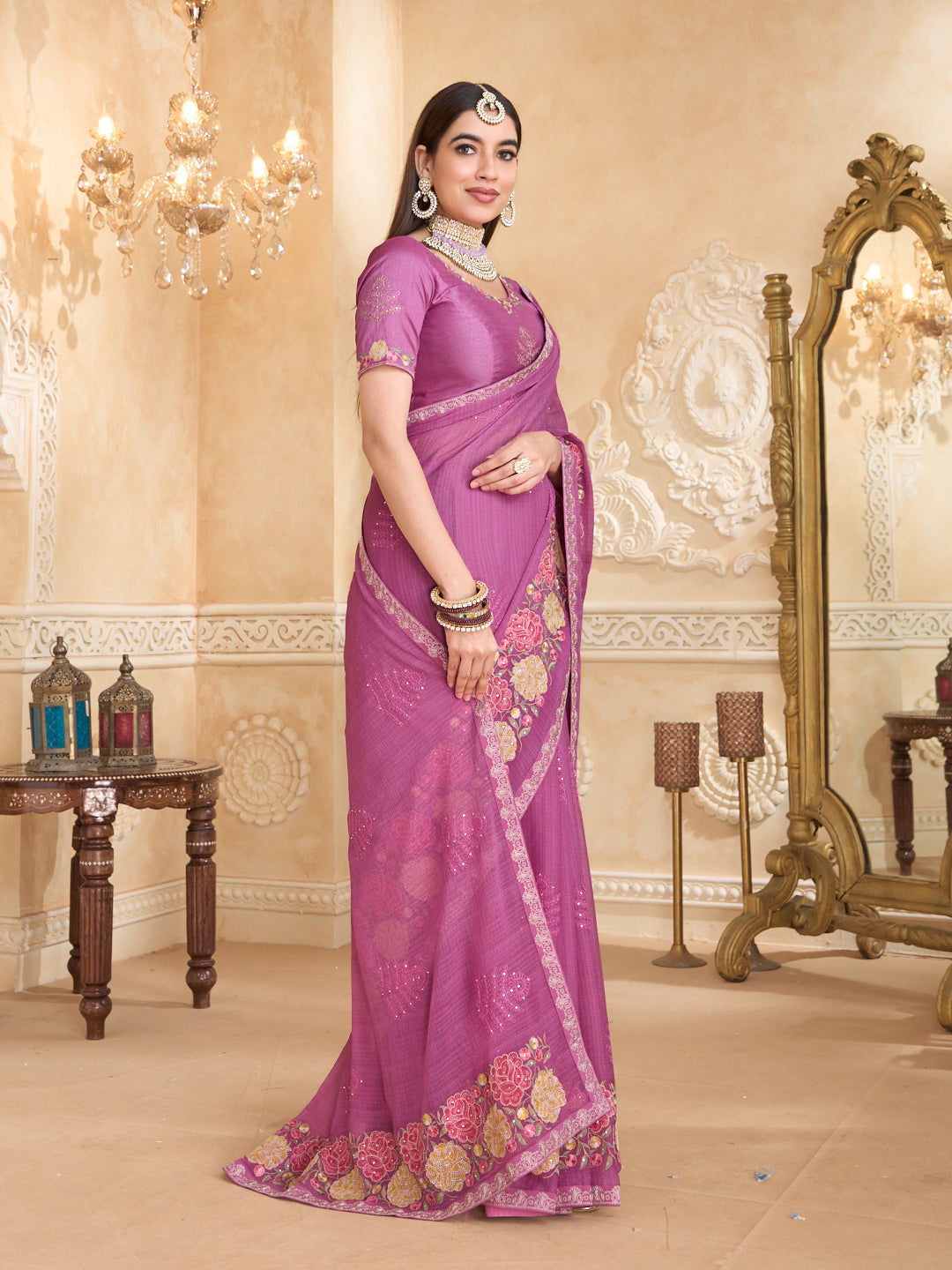 Purple saree with matching silk blouse