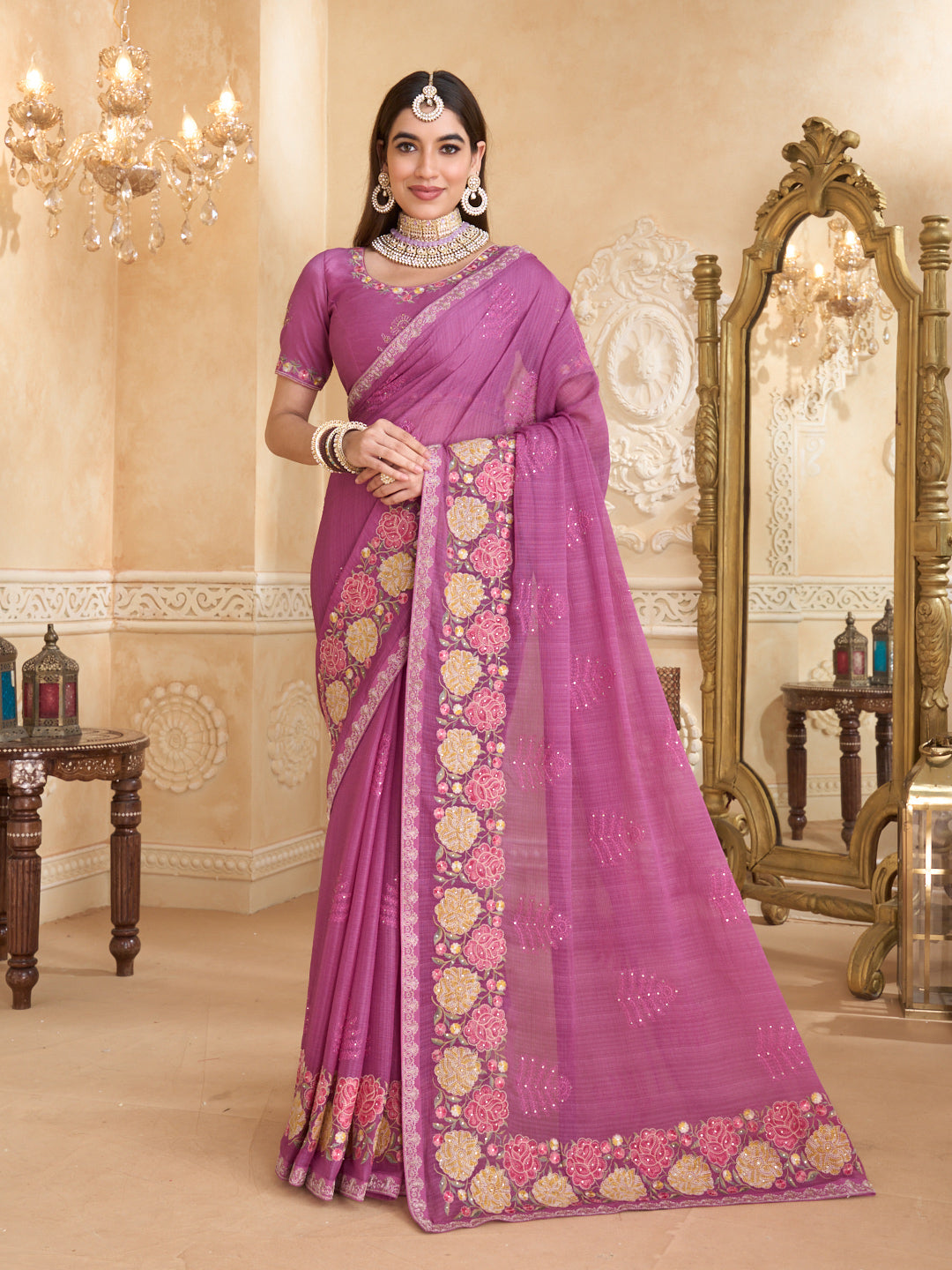 Purple chiffon saree with floral work