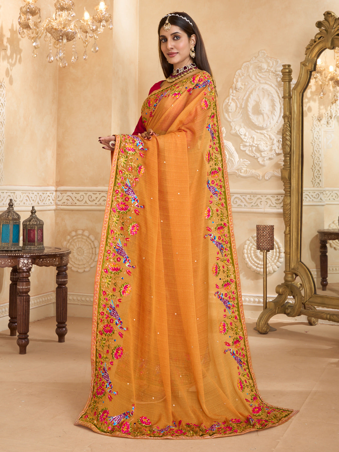 Floral work chiffon saree detail