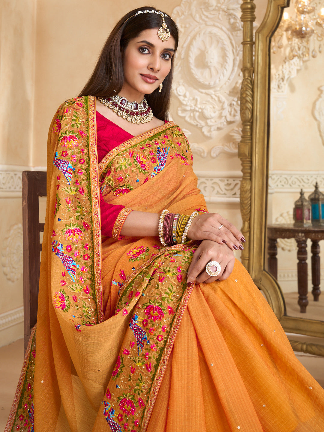 Laxmipati Idli Dosa Floral Embroidered Orange Chiffon Saree