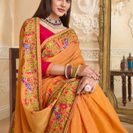 Laxmipati Idli Dosa Floral Embroidered Orange Chiffon Saree