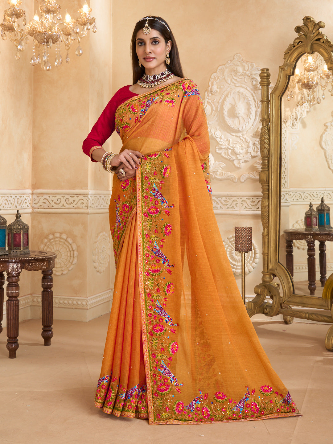 Orange chiffon saree with floral embroidery
