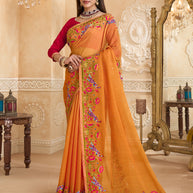 Orange chiffon saree with floral embroidery