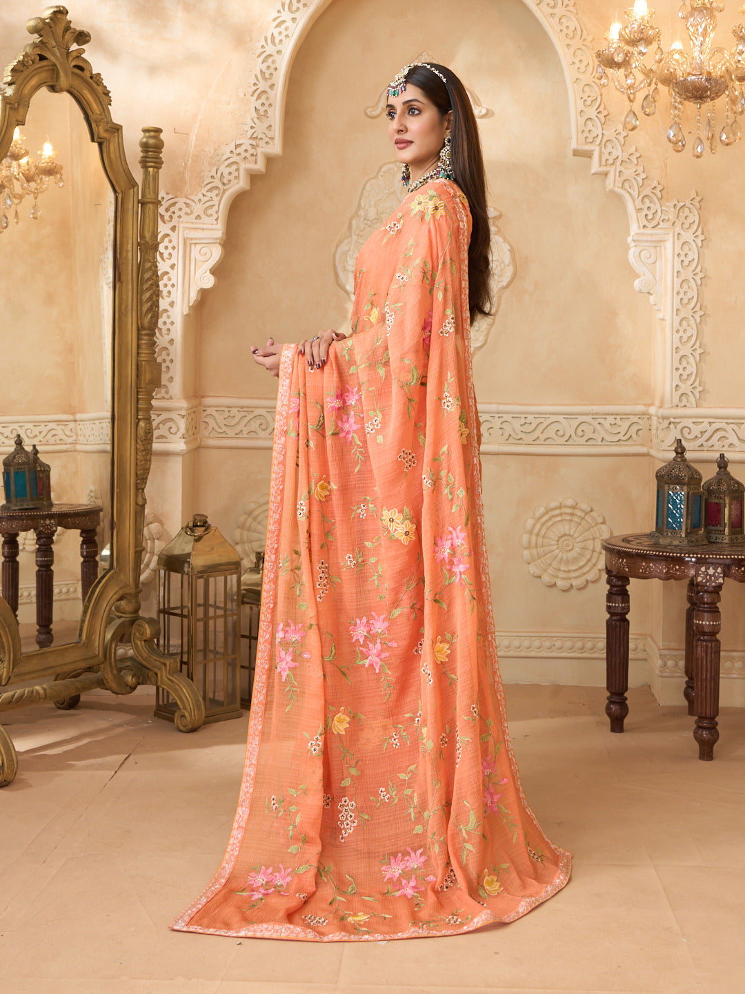 Embroidered chiffon saree work detail