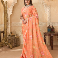 Orange chiffon saree with floral embroidery