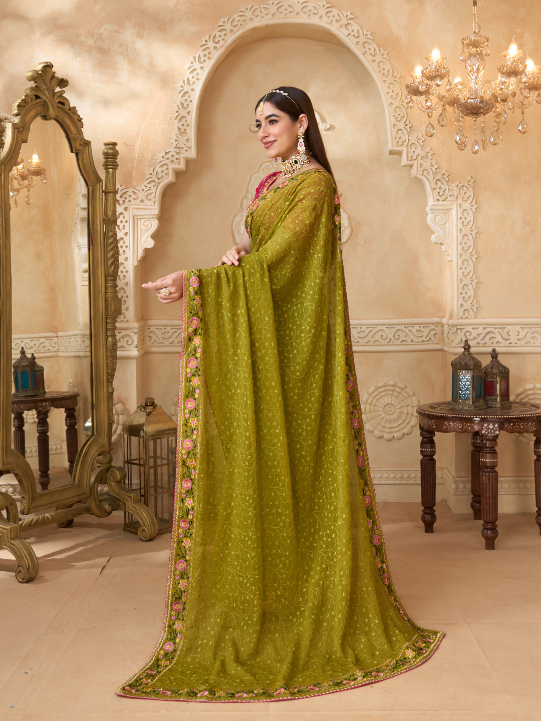 Floral embroidered chiffon saree detail