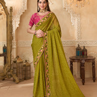 Olive green chiffon saree with embroidery