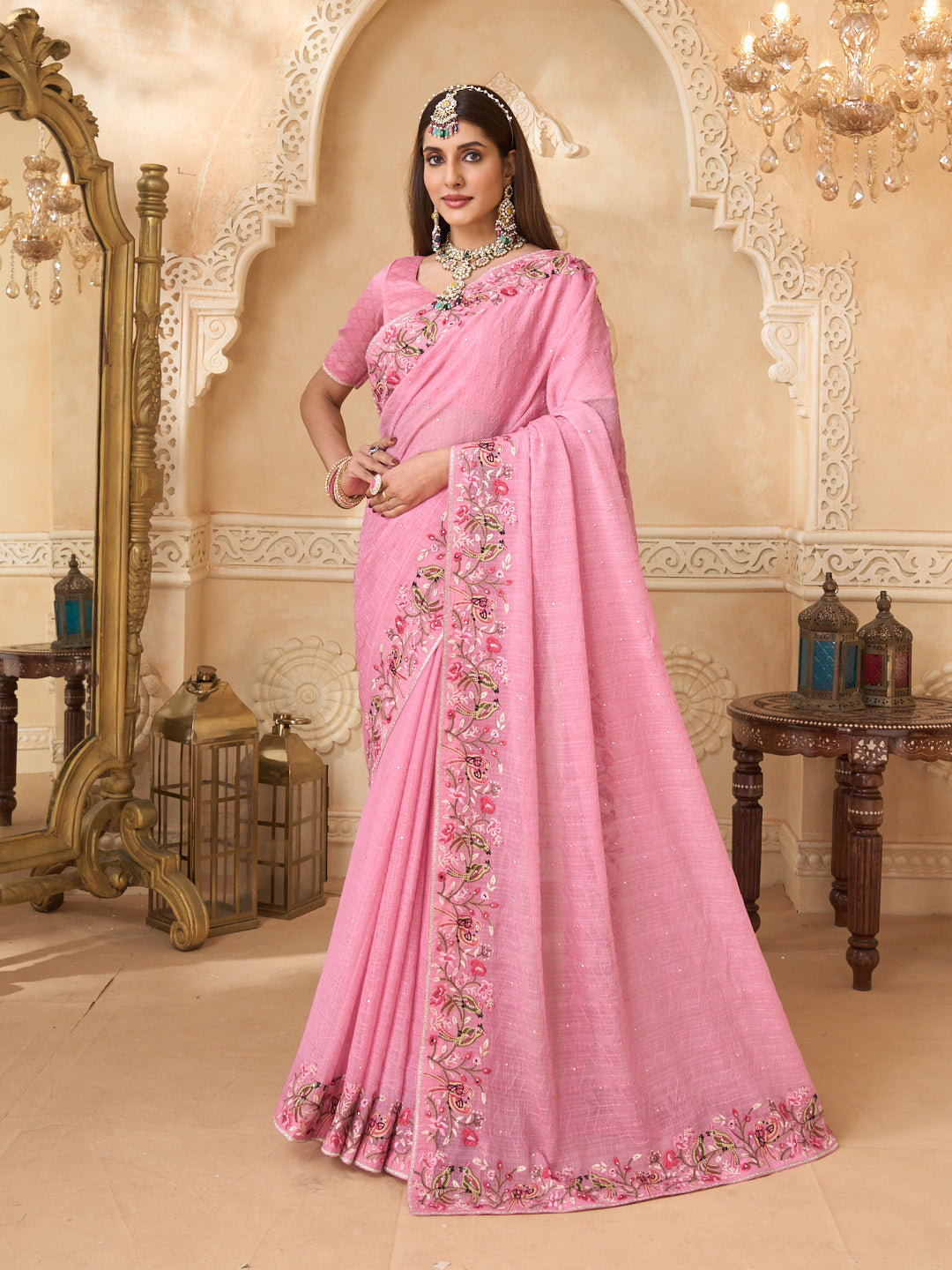Pink chiffon saree with floral embroidery