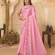 Pink chiffon saree with floral embroidery