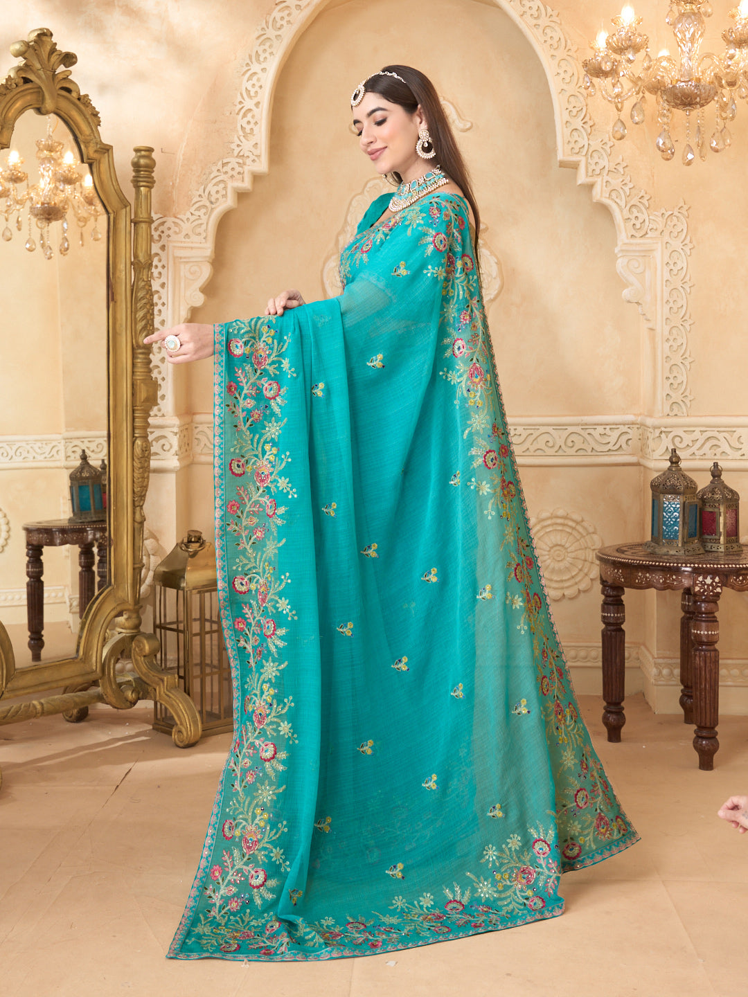 Floral embroidered chiffon saree