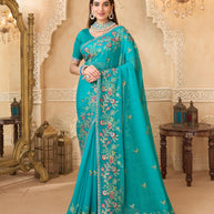 Teal blue chiffon saree with embroidery