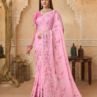 Pink chiffon saree with floral embroidery