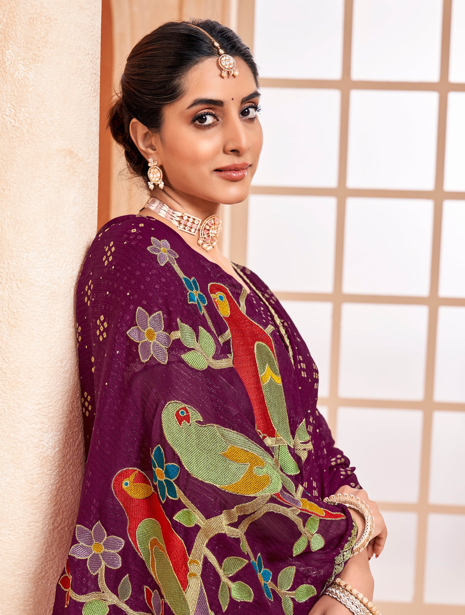 wine colour saree for farewell