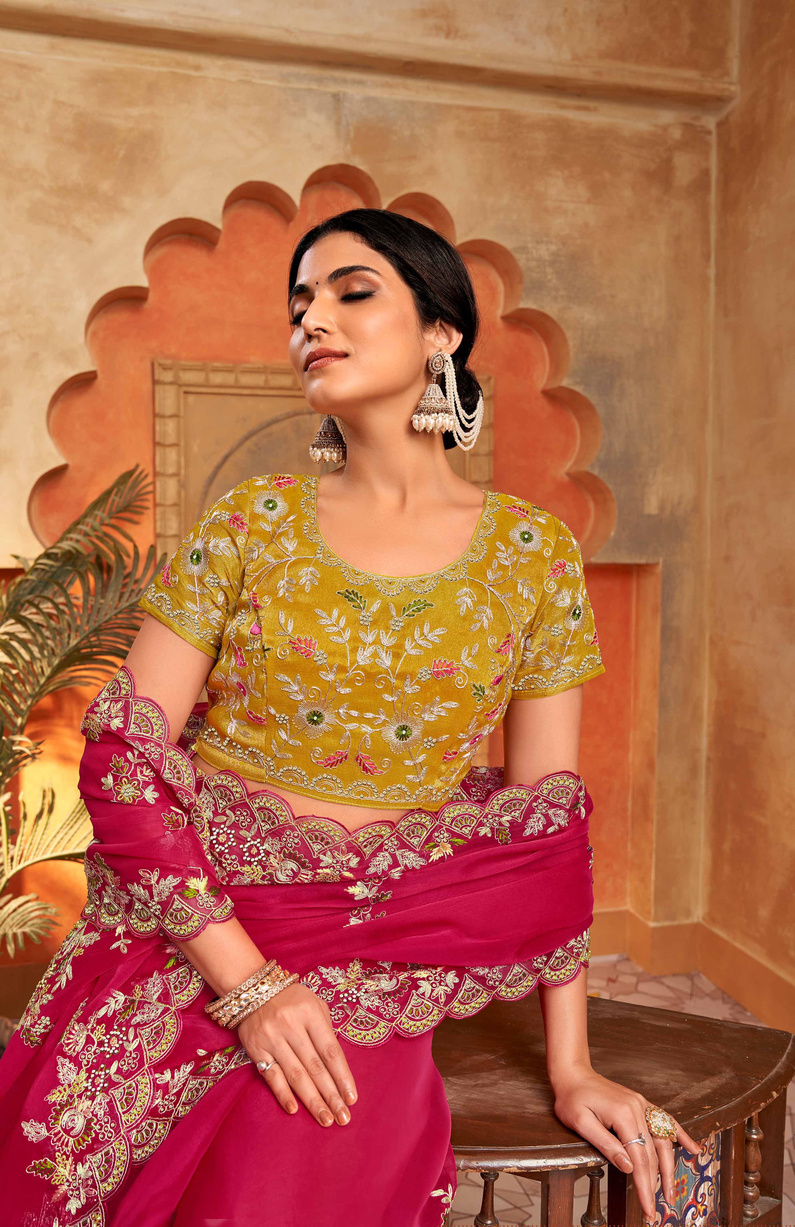 Floral motif embroidered saree