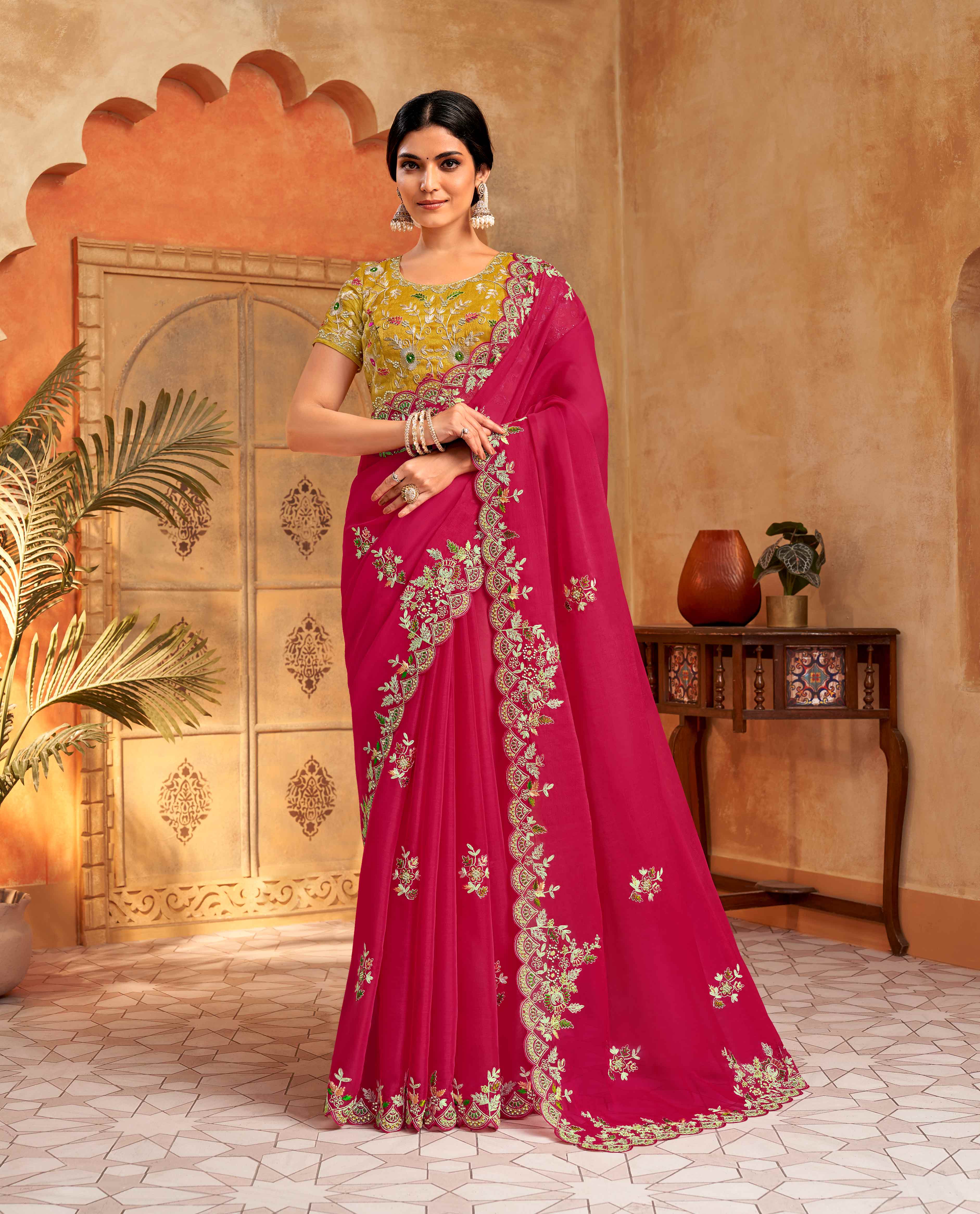 Pink organza designer saree