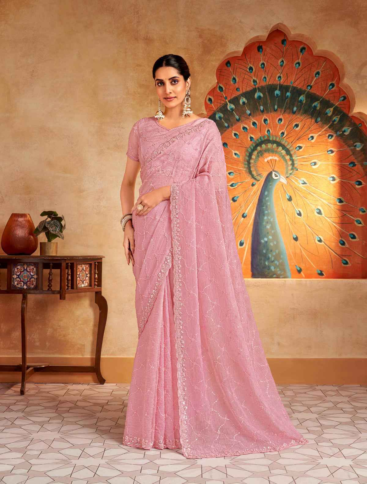 Pink stone work chiffon saree