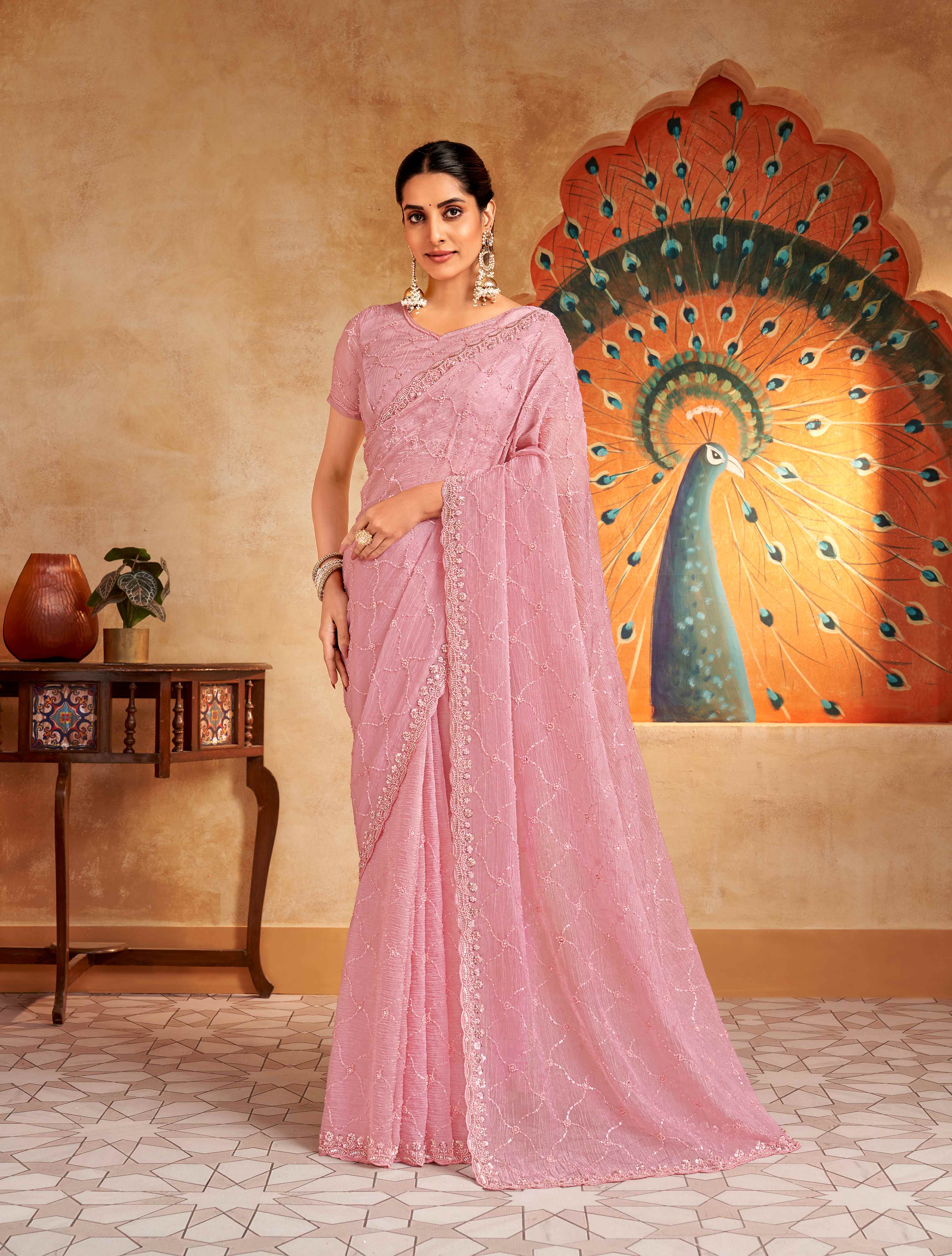 Pink stone work chiffon saree