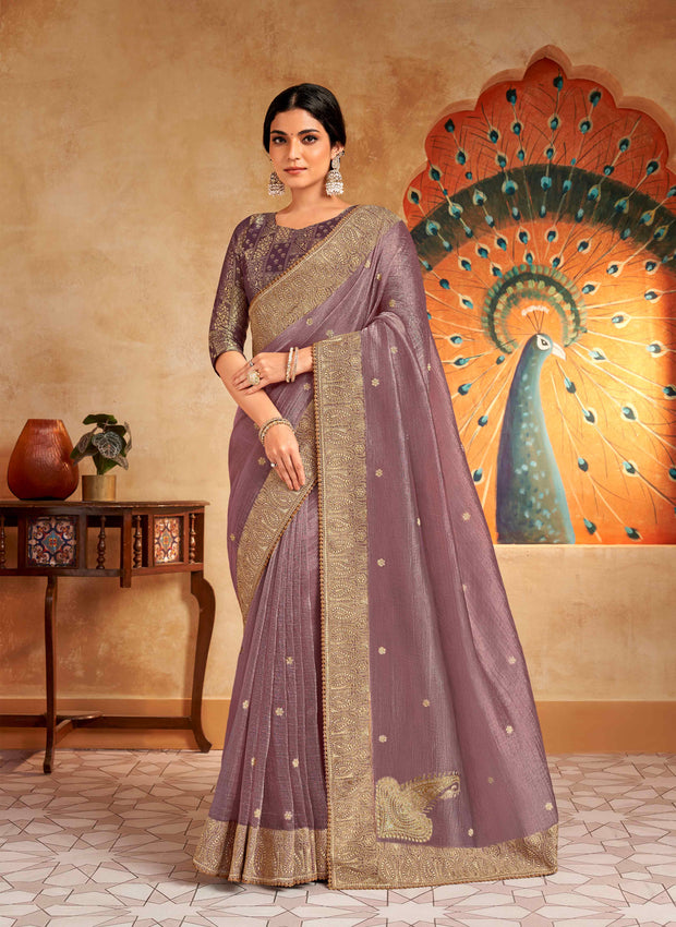 Purple embroidered silk saree