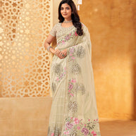 Beige schiffli organza saree