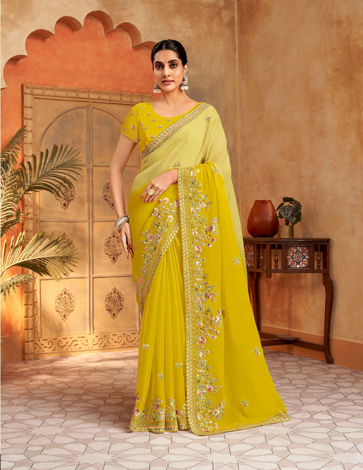 Yellow floral organza saree