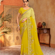 Yellow floral organza saree