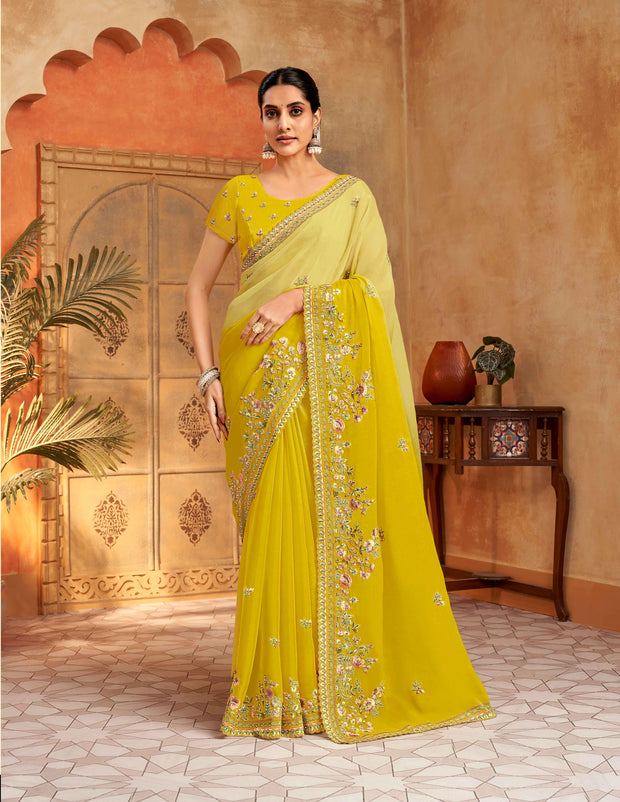 Yellow floral organza saree