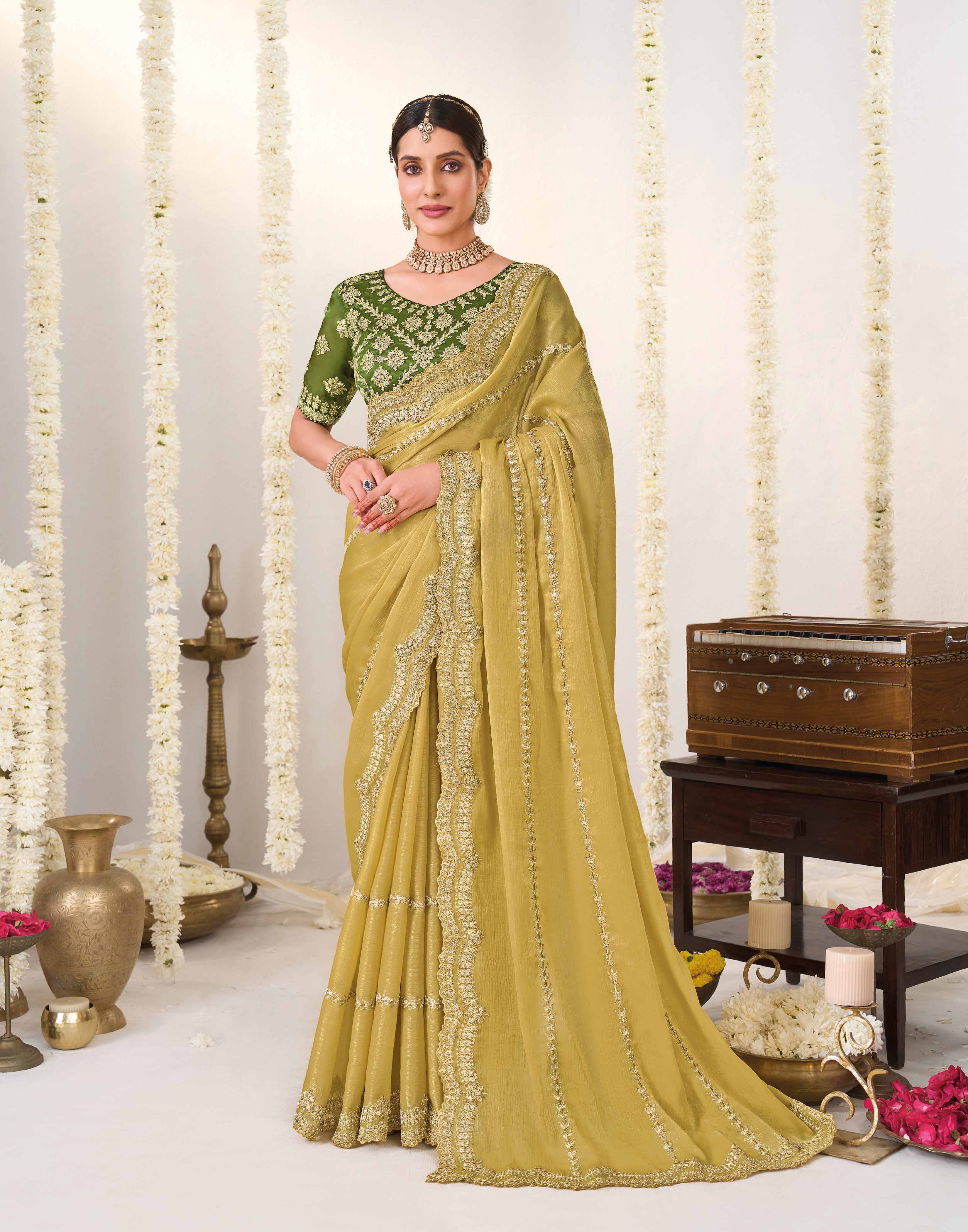 Floral embroidery chiffon saree