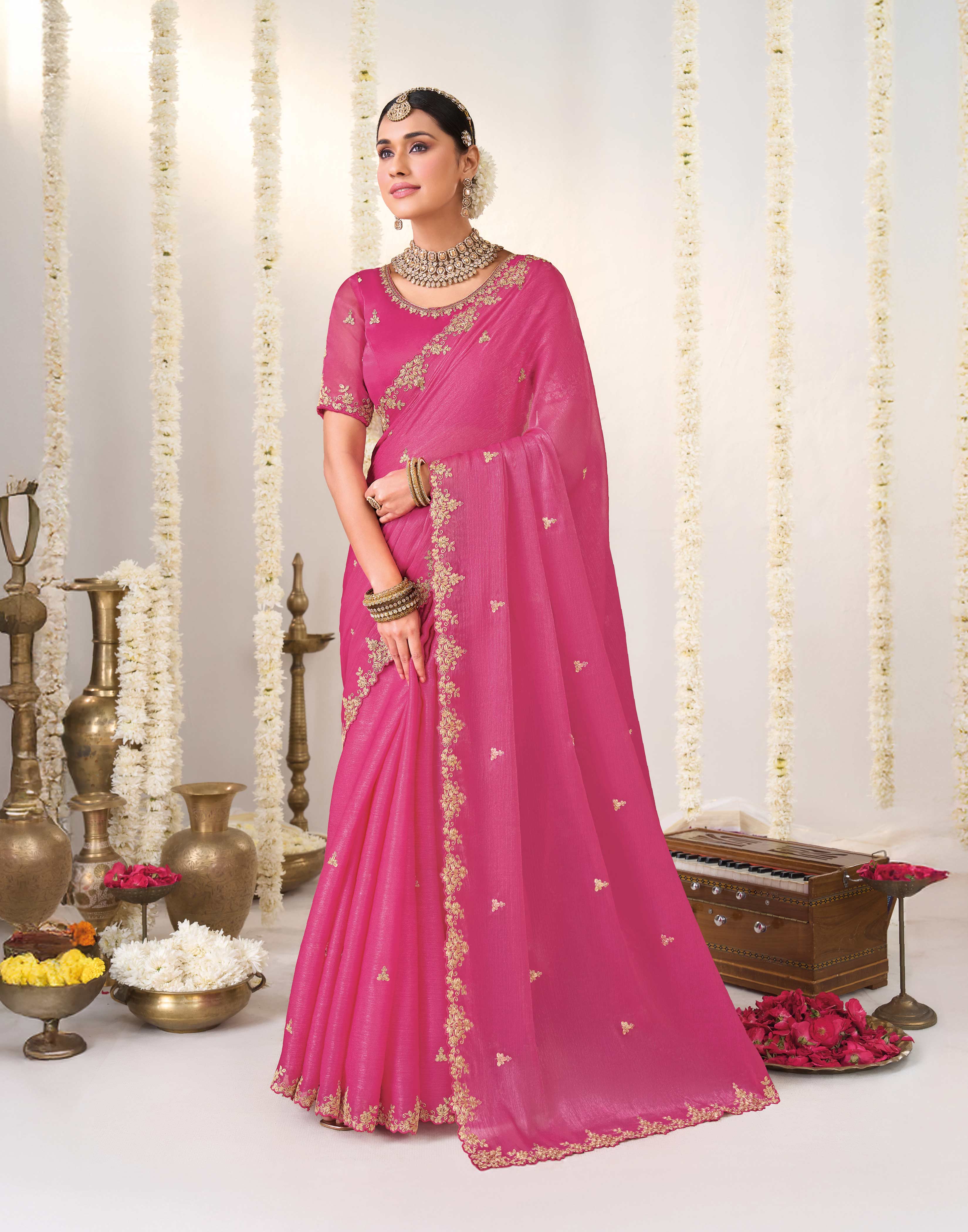 Pink embroidered chiffon saree