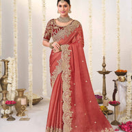 Orange embroidered chiffon saree