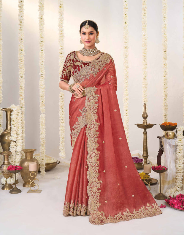 Orange embroidered chiffon saree