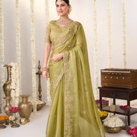 green embroidered chiffon saree