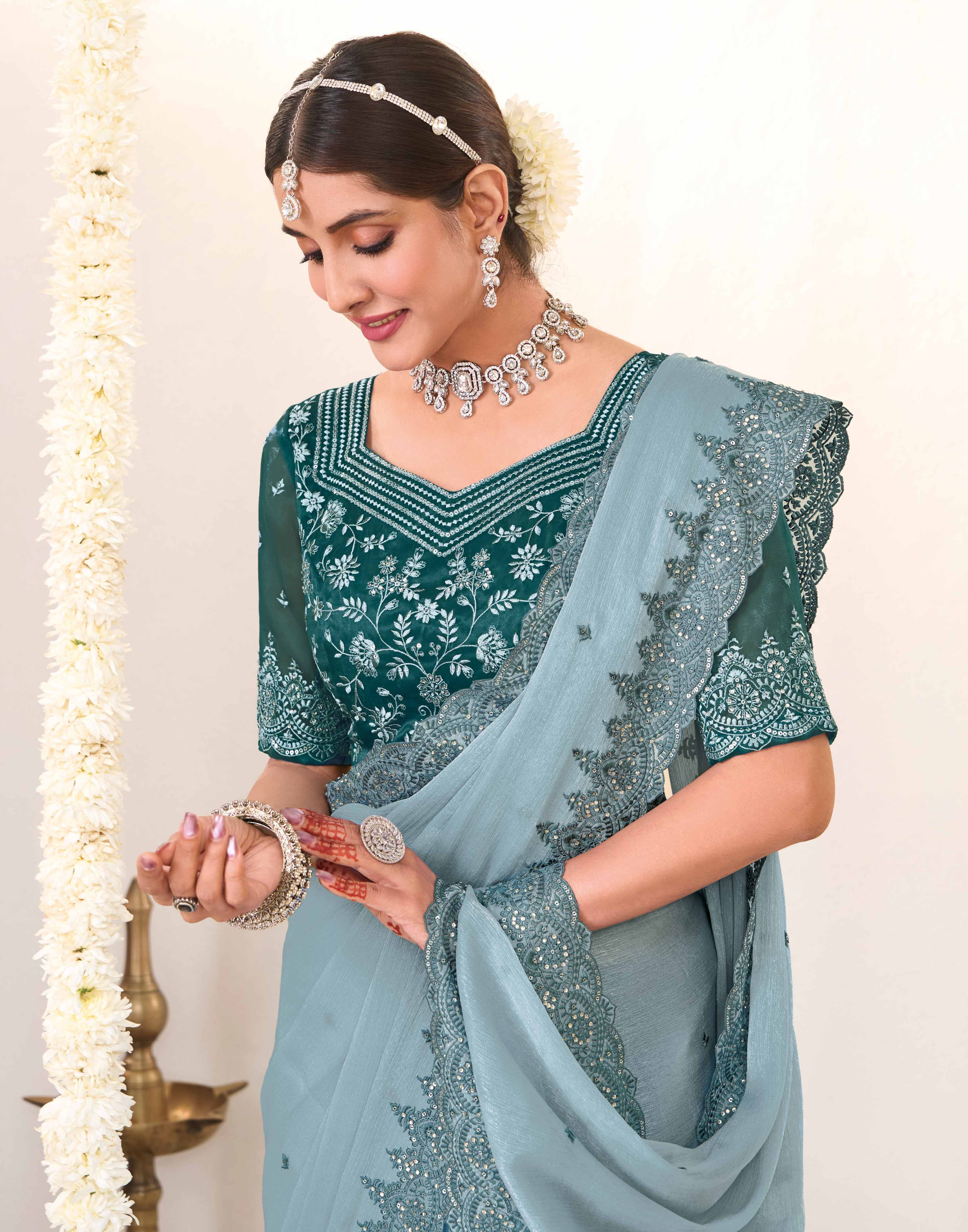 blue saree with teal blue blouse