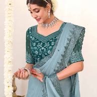 blue saree with teal blue blouse