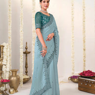 blue embroidered chiffon saree